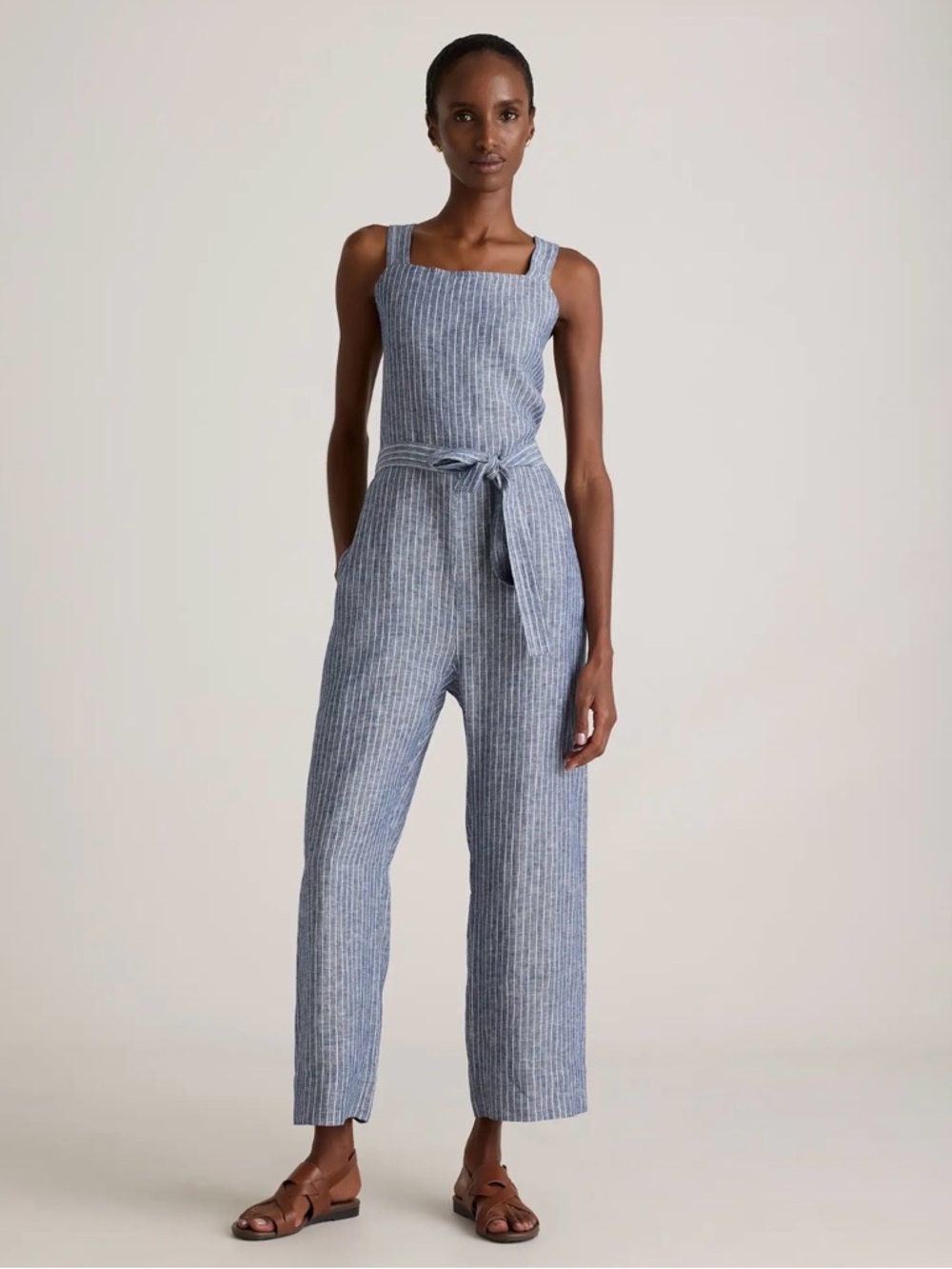 NWOT Quince European Linen Square-Neck Jumpsuit with Tie Belt in Chambray Stripe